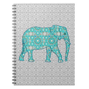 Mandala flower elephant - turquoise, grey & white spiral notebook
