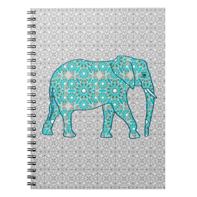 Mandala flower elephant - turquoise, grey & white spiral notebook (Front)
