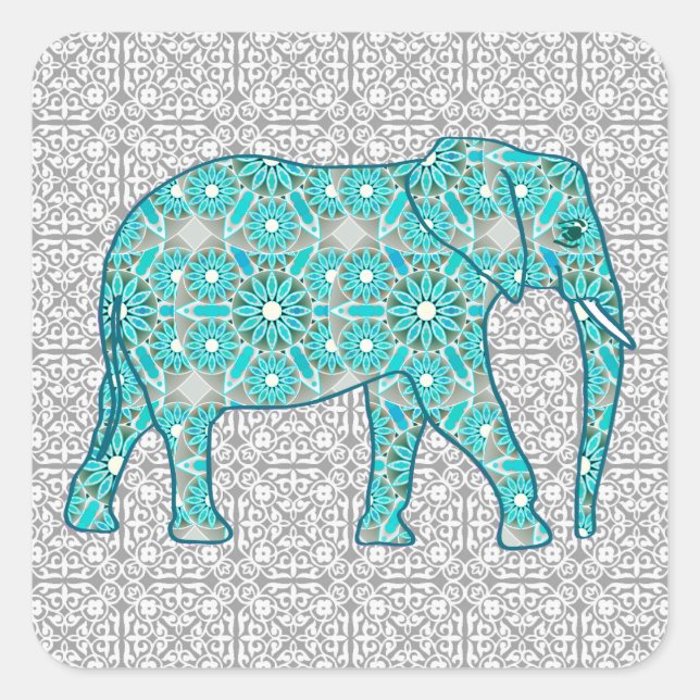 Mandala flower elephant - turquoise, grey & white square sticker (Front)