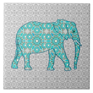 Mandala flower elephant - turquoise, grey & white tile