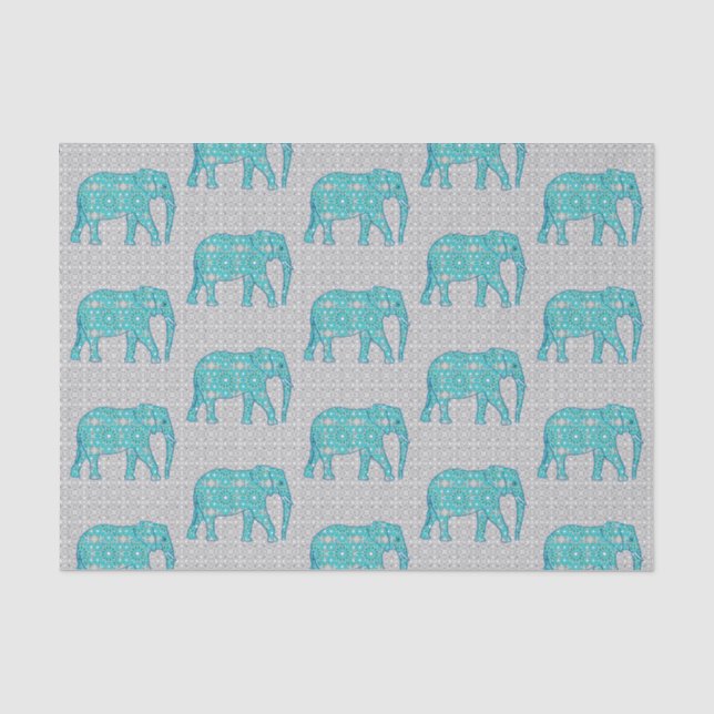 Mandala Flower Elephant, Turquoise, Grey & White Tissue Paper (Front)
