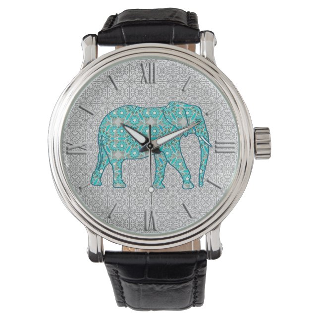 Mandala flower elephant - turquoise, grey & white watch (Front)