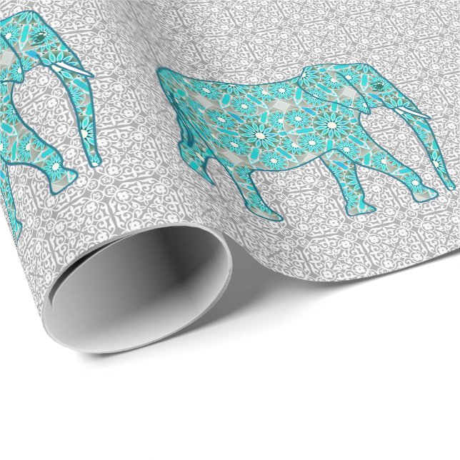 Mandala flower elephant - turquoise, grey & white wrapping paper (Roll Corner)