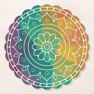 Mandala flower in rainbow low poly colourful desig paper coaster