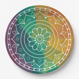 Mandala flower in rainbow low poly colourful desig paper plate