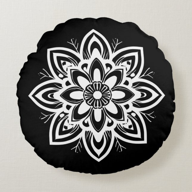Mandala Flower Pattern in Black and White Round Cushion (Front)