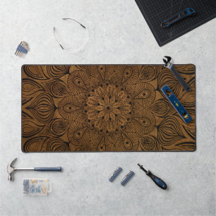 Mandala Flower Zen Subtle Muted Neutral Tan Brown Desk Mat