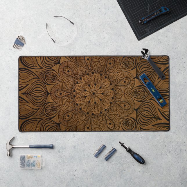  Mandala Flower Zen Subtle Muted Neutral Tan Brown Desk Mat (Workstation)