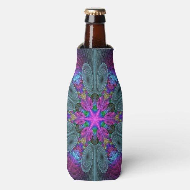 Mandala From Centre Colourful Fractal Art With Pin Bottle Cooler (Bottle Front)