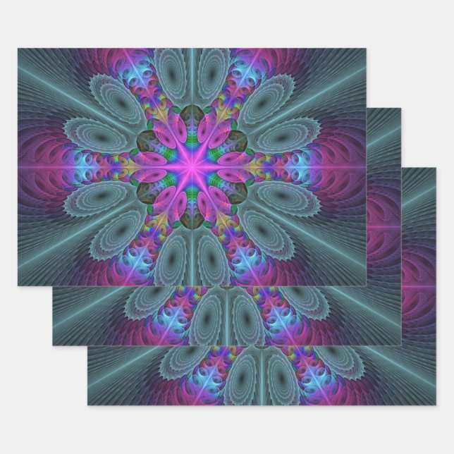 Mandala From Centre Colourful Fractal Art With Pin Wrapping Paper Sheet (Set)