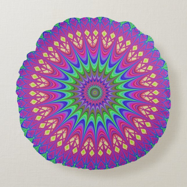 Mandala Geometric Psychedelic  Retro Hippie Round Cushion (Front)