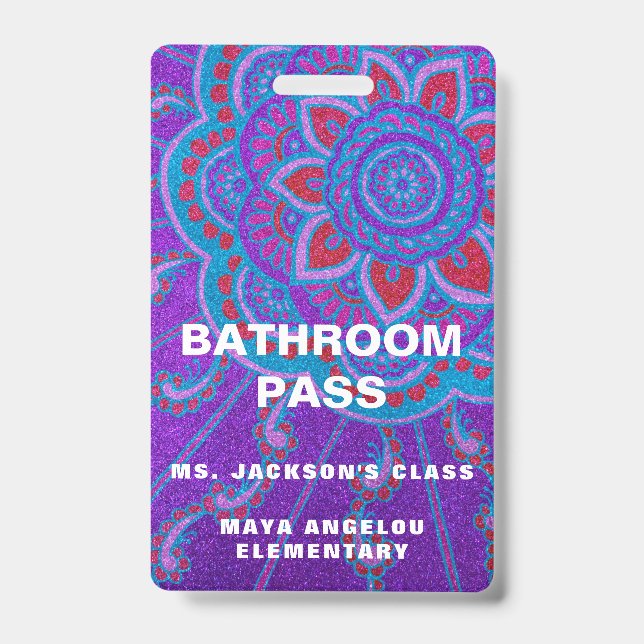 Mandala Glitter Back To School Bathroom Hall Pass ID Badge (Front)