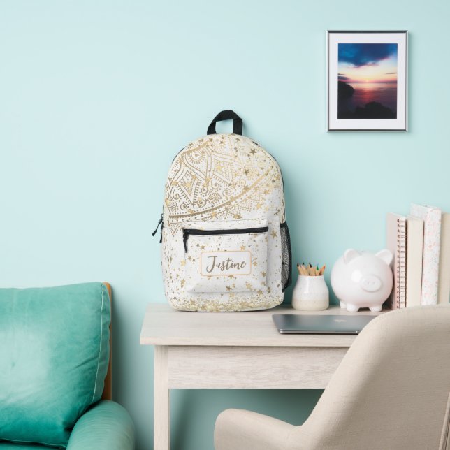  Mandala Glitter Gold Stars on White Personalised  Printed Backpack (Insitu)