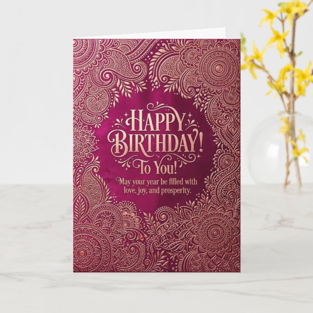 Mandala Gold Burgundy Happy Birthday Card Boho (Yellow Flower)