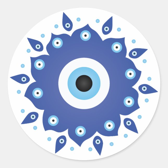 Mandala Greek Evil Eye Blue White Classic Round Sticker (Front)