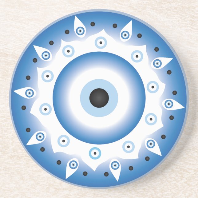 Mandala Greek Evil Eye Blue White Coaster (Front)
