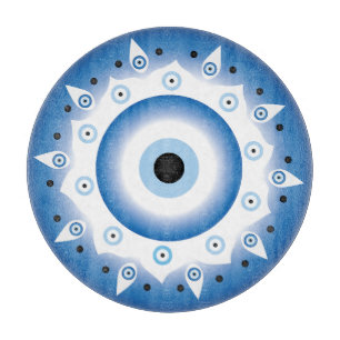 Mandala Greek Evil Eye Blue White Cutting Board