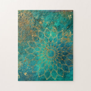 Mandala Grunge Gold on Teal Abstract Jigsaw Puzzle