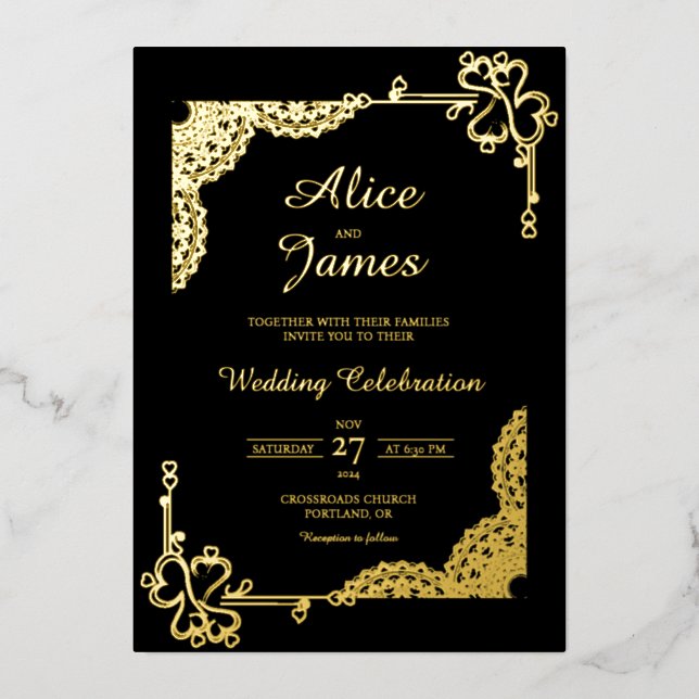Mandala Heart Frame Luxury Black Gold Foil Wedding (Front)