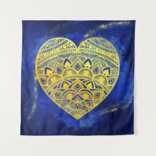 Mandala Heart Luminous Gold and Blue Tapestry