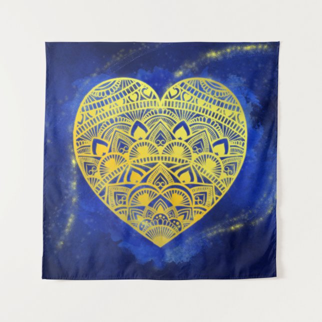Mandala Heart Luminous Gold and Blue Tapestry (Front)