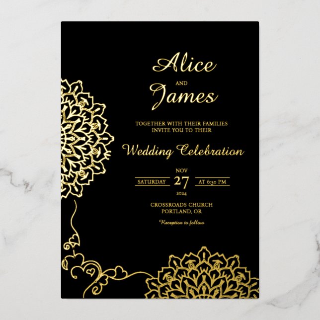 Mandala Hearts Black Gold Foil Wedding Invitation (Front)