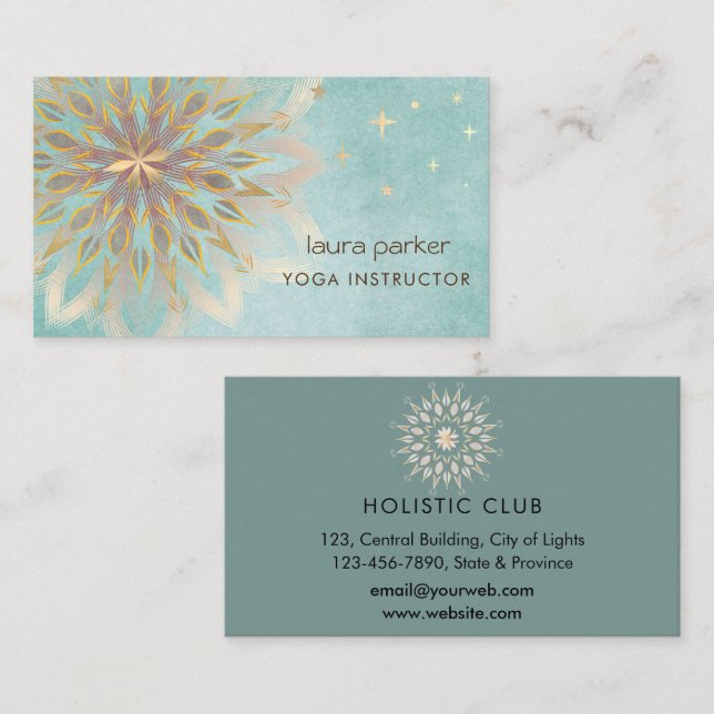 Mandala Holistic Lotus Floral Zen Yoga Teal  Business Card (Front/Back)