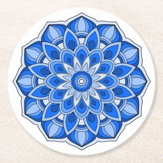 Mandala in blue round paper coaster (Front)