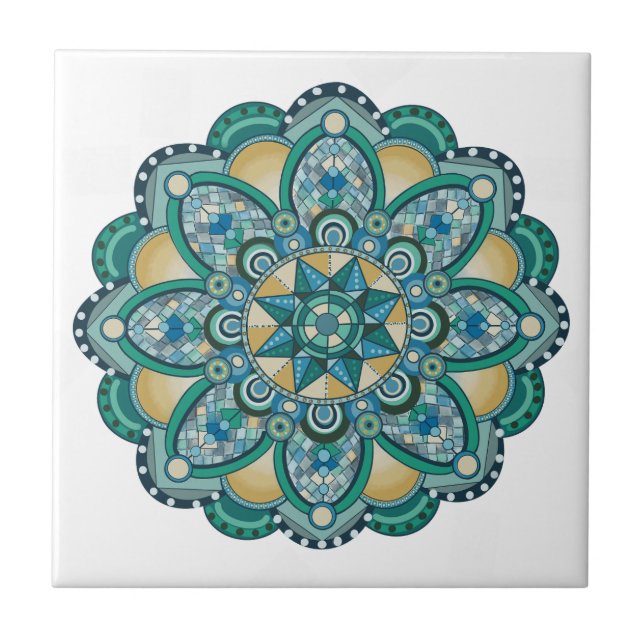Mandala in blues, greens, and gold tile (Front)