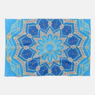 Mandala in electric blue and turquoise tea towel
