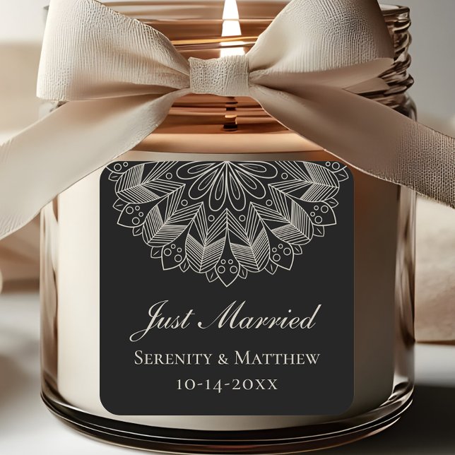  Mandala Indian Boho Black Just Married Wedding Square Sticker (Creator Uploaded)