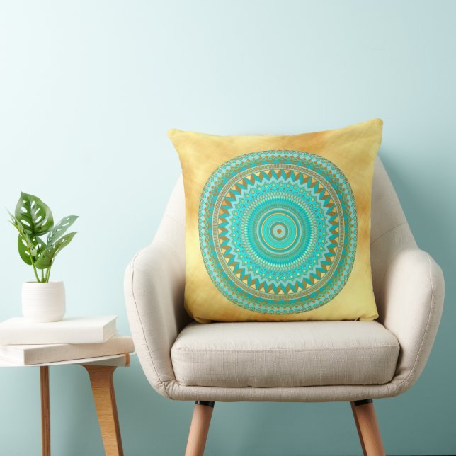 Mandala Iris blue brown gold on Soft Gold Bg Cushion (Chair)