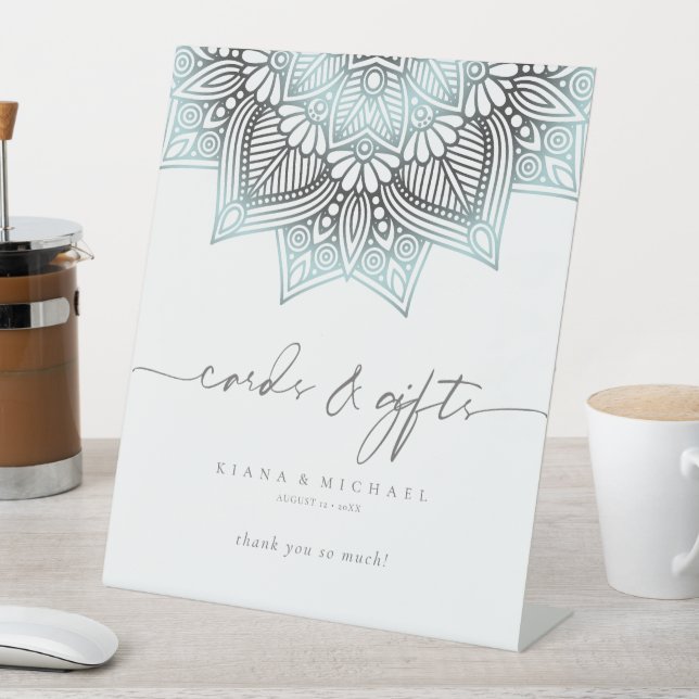 Mandala Lace Wedding Cards & Gifts Lt. Blue ID968 Pedestal Sign (In SItu)