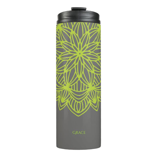 Mandala Lime Green Grey Personalised Elegant Thermal Tumbler (Front)
