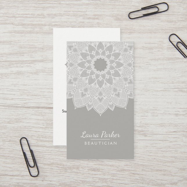 Mandala Lotus Flower Yoga Grey White Clean Business Card (Front/Back In Situ)