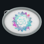 *~* Mandala Lotus OM  AUM Symbol Watercolor Belt Buckle<br><div class="desc">* An OM AUM Symbol Lotus Watercolor Mandala on a white background oval shape belt buckle. The mandala colours are turquoise, purples blues and pinks* Note: You can customise the text. Here for you is a strikingly beautiful new age metaphysically spiritually inclined eye-catching design likely to inspire meditation and calm...</div>