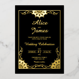 Mandala Luxury Black Gold Foil Wedding Invitation