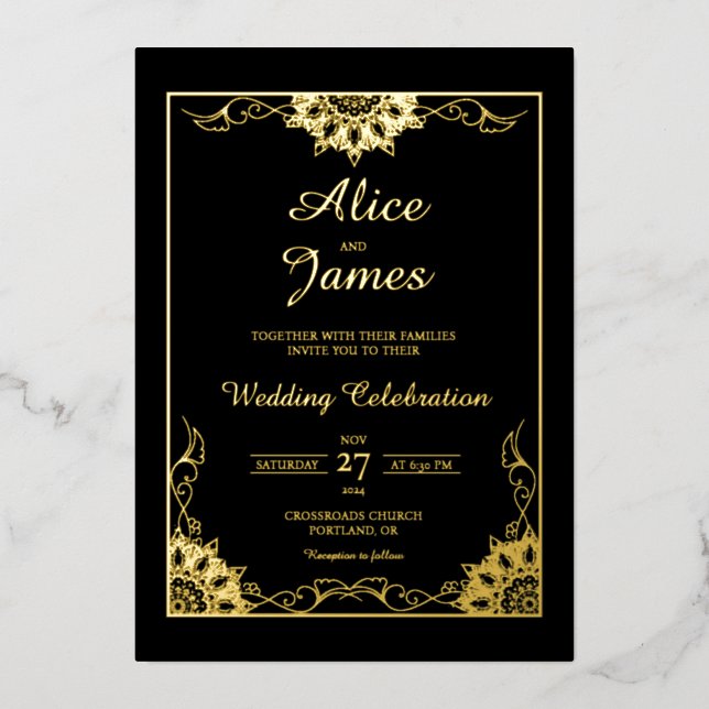 Mandala Luxury Black Gold Foil Wedding Invitation (Front)