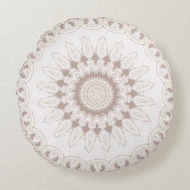 Mandala Medallion in Soft Beige and White Round Cushion (Front)