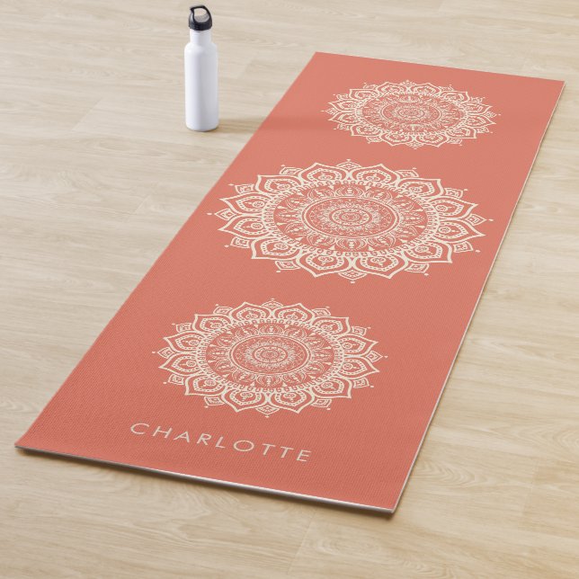 Mandala Meditation Warm Peach Custom Name  Yoga Mat (In Situ)