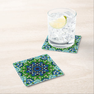 Mandala Mosaic Geometric Green Blue Retro Hippie Square Paper Coaster