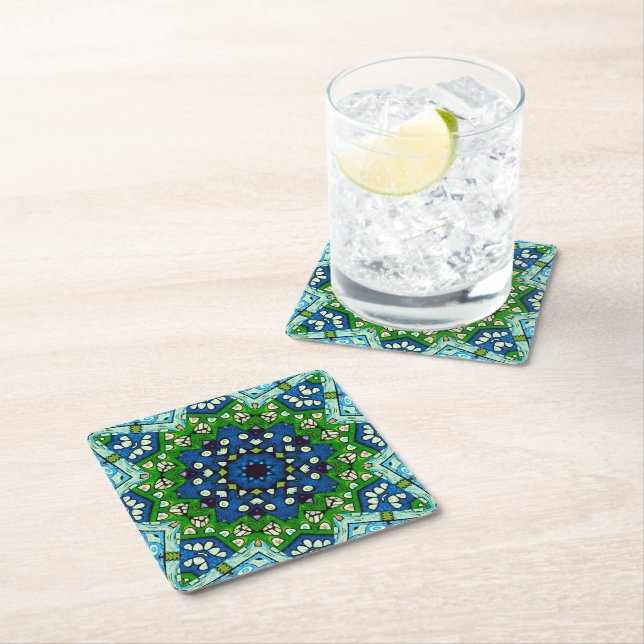 Mandala Mosaic Geometric Green Blue Retro Hippie Square Paper Coaster (Insitu)
