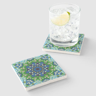 Mandala Mosaic Geometric Green Blue Retro Hippie Stone Coaster