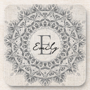 Mandala Name Monogram Monochrome Light Grey Coaster
