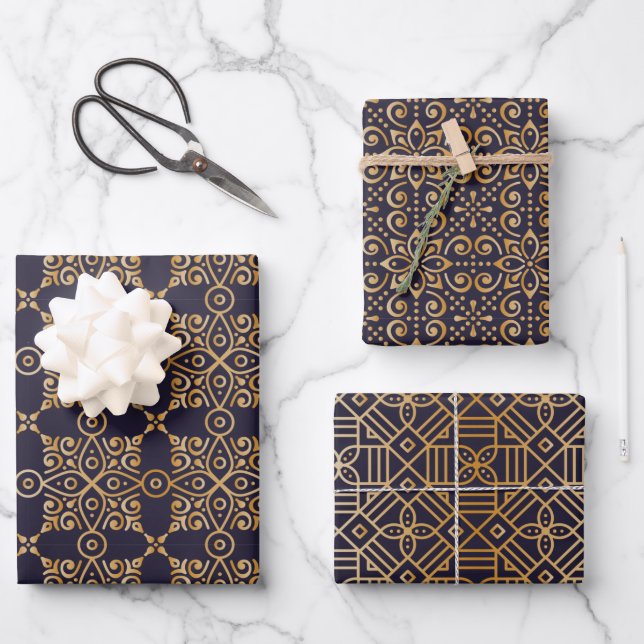  Mandala  Navy and Gold Square Wrapping Paper Sheet (Front)
