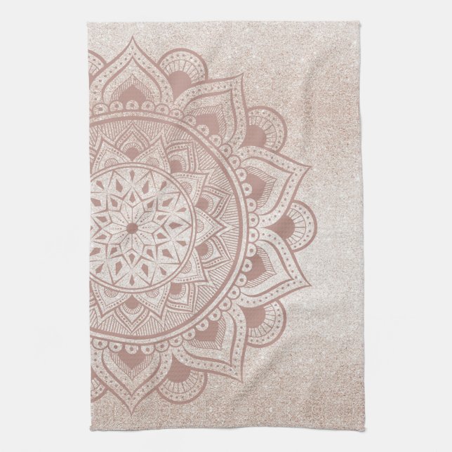 Mandala Om Glitter Rose Gold Dusty Pink Yoga Home Tea Towel (Vertical)