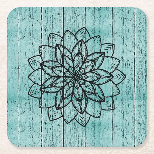 Mandala on Blue Wood Square Paper Coaster (Front)