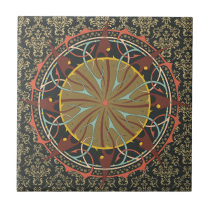 Mandala on damask Boho Bohemian retro Tile