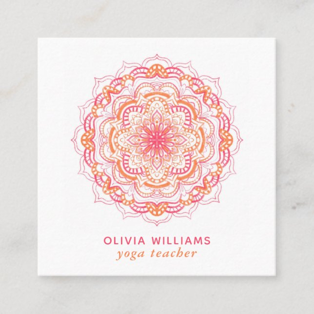 Mandala Orange Pink Spiritual Yoga Fresh White Square Business Card (Front)