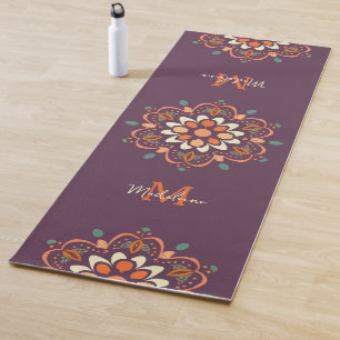 Mandala Orange Plum Teal Stylish Name Monogram Yoga Mat